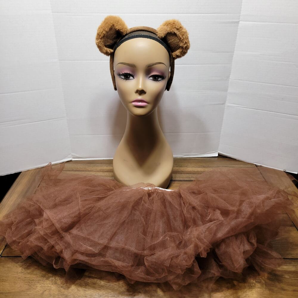 2 Piece Girls Bear Costume Brown Tule Mini Skirt and Headband w/ Ears